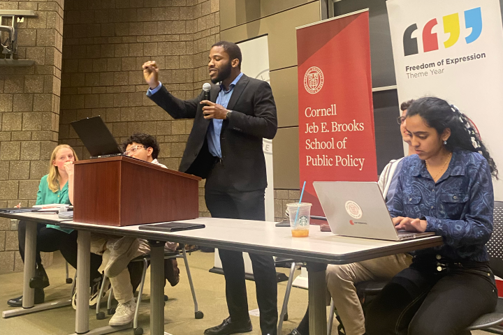 Daniel Obaseki argues to affirm freedom of speech at the finale of a four-debate sequence led by the ILR School this semester as part of Cornell’s Freedom of Expression Theme Year.